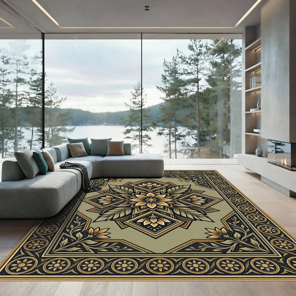 Olive Green Floral Medallion Border Rug