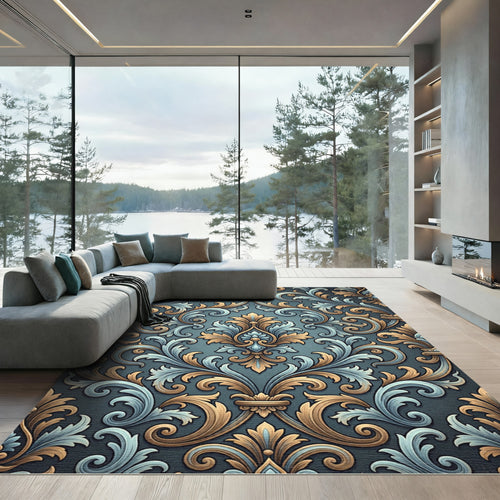 Antique Gold Blue Flourish Scroll Rug