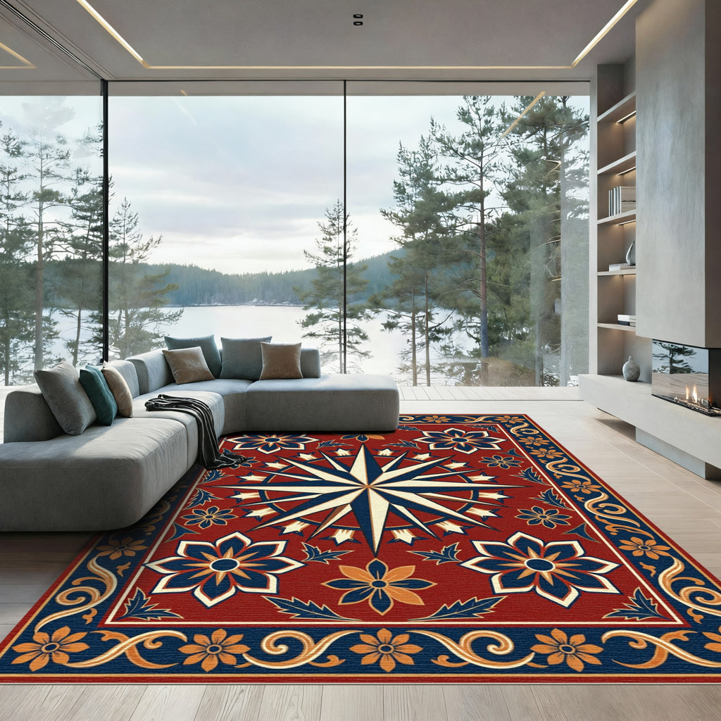 Intricate Crimson Compass Floral Medallion Rug