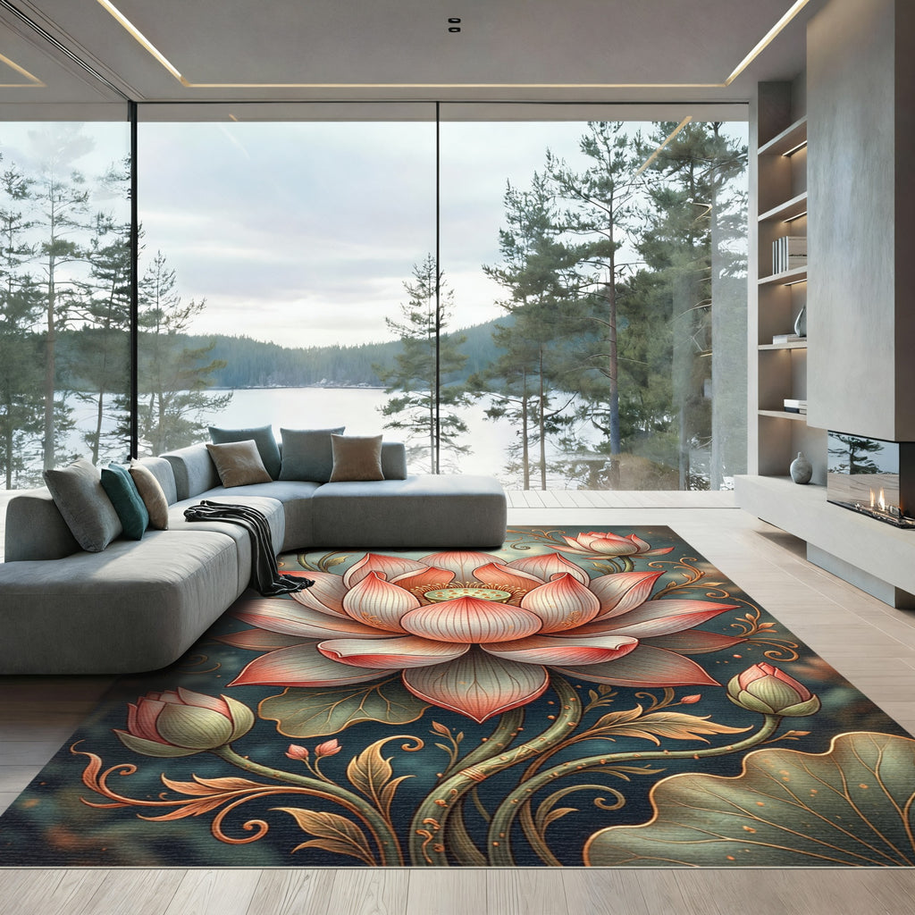 Elegant Coral Lotus Bloom Garden Rug
