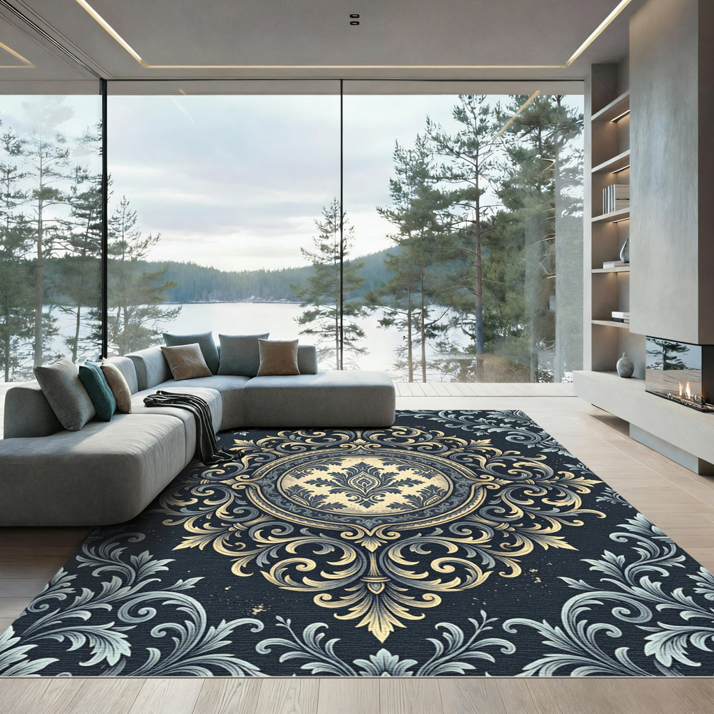 Elegant Gold and Navy Damask Medallion Rug