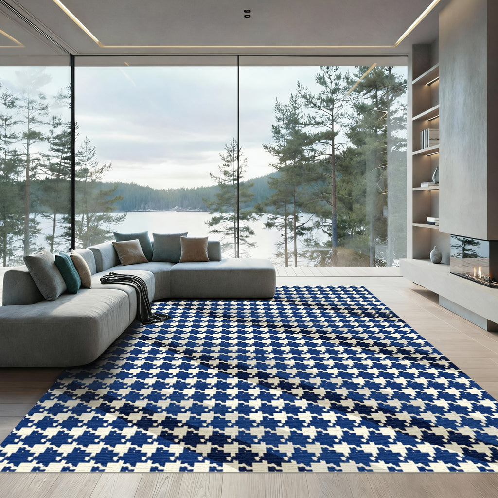 Classic Navy Blue Houndstooth Check Rug