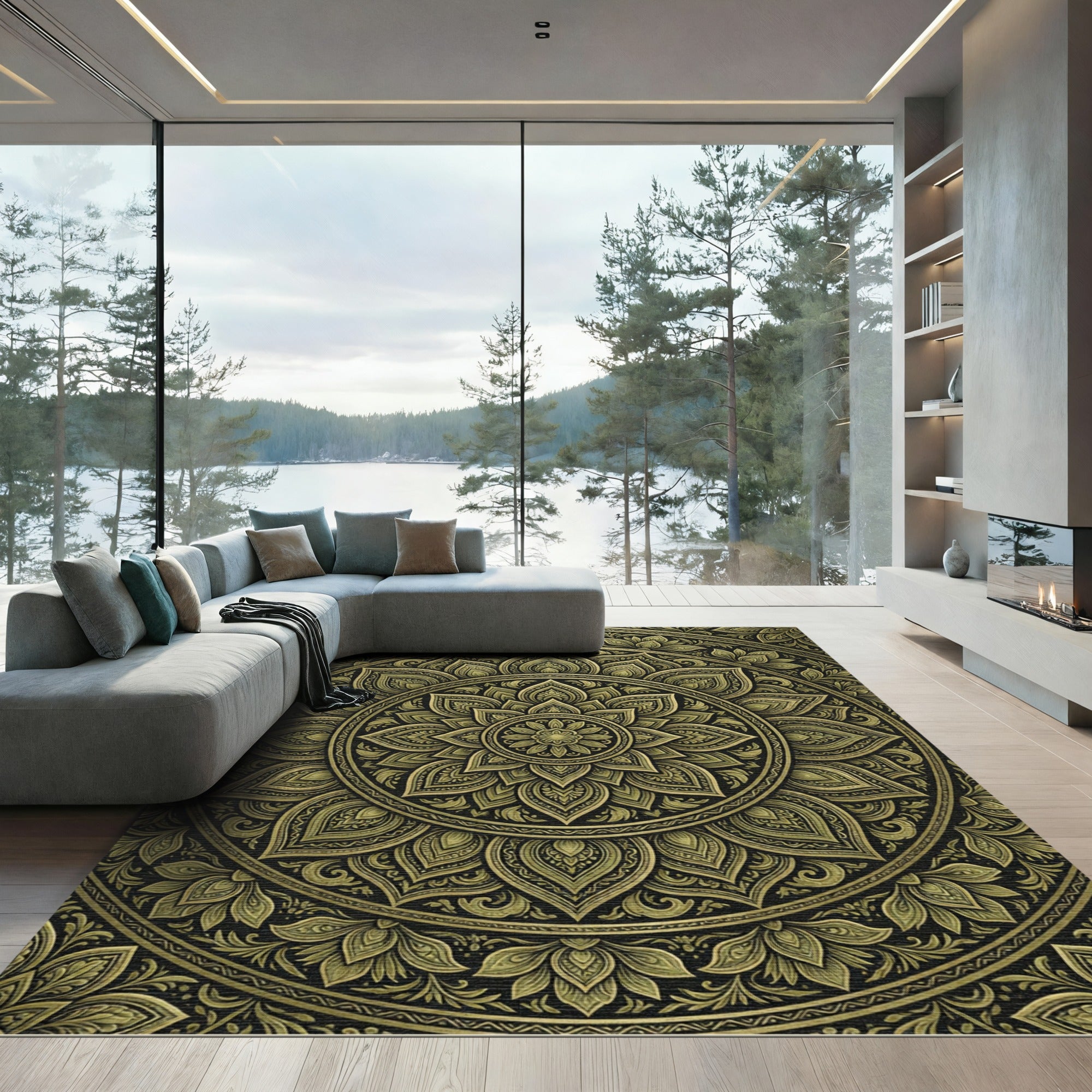 Gold Mandala Art In Black Rug