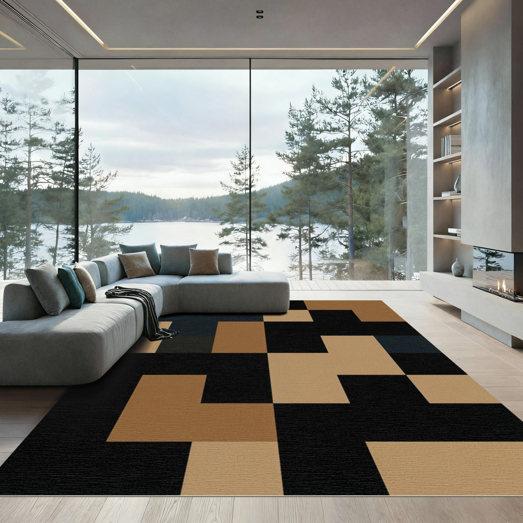 Modern Earthy Geometric Block Composition Rug