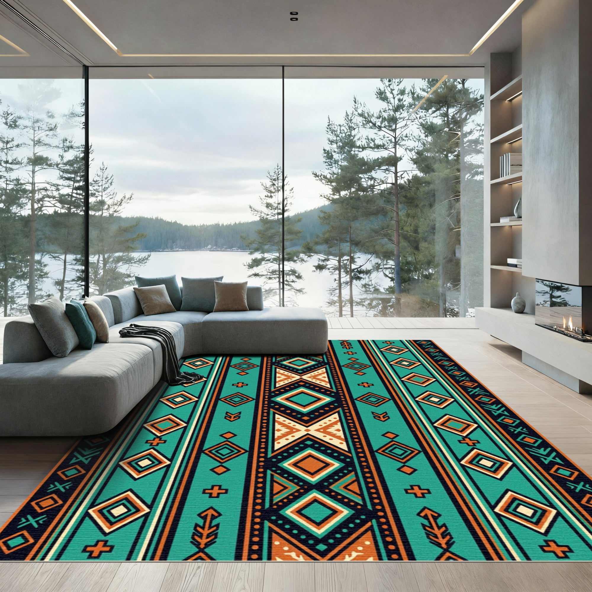 Teal Geometric Diamond Boho Stripe Rug