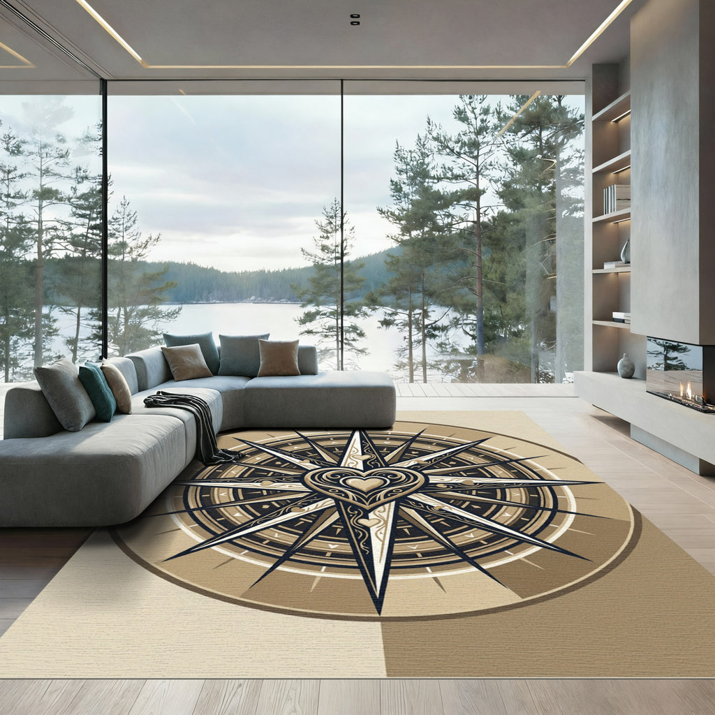 Elegant Golden Heart Compass Rose Rug