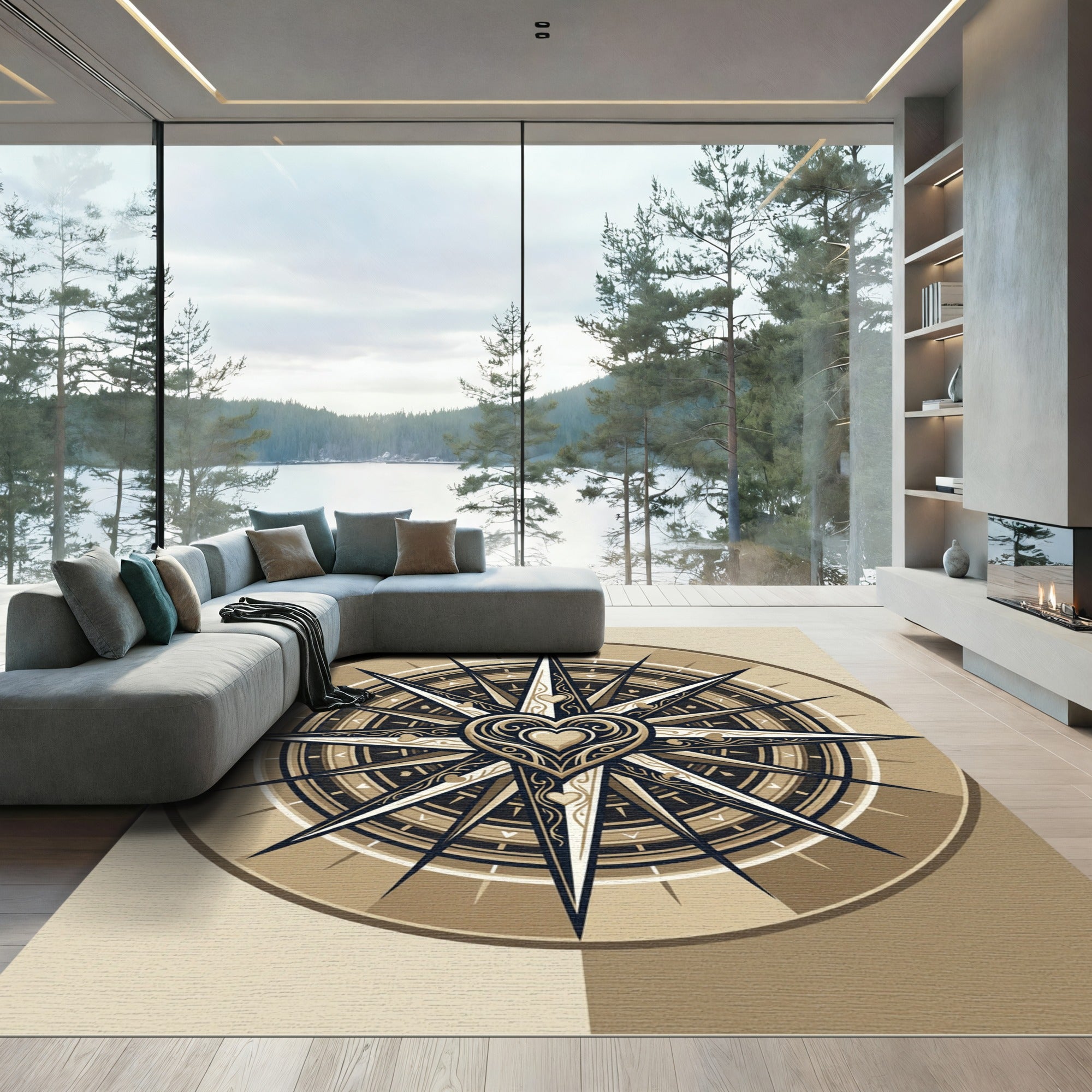Elegant Golden Heart Compass Rose Rug