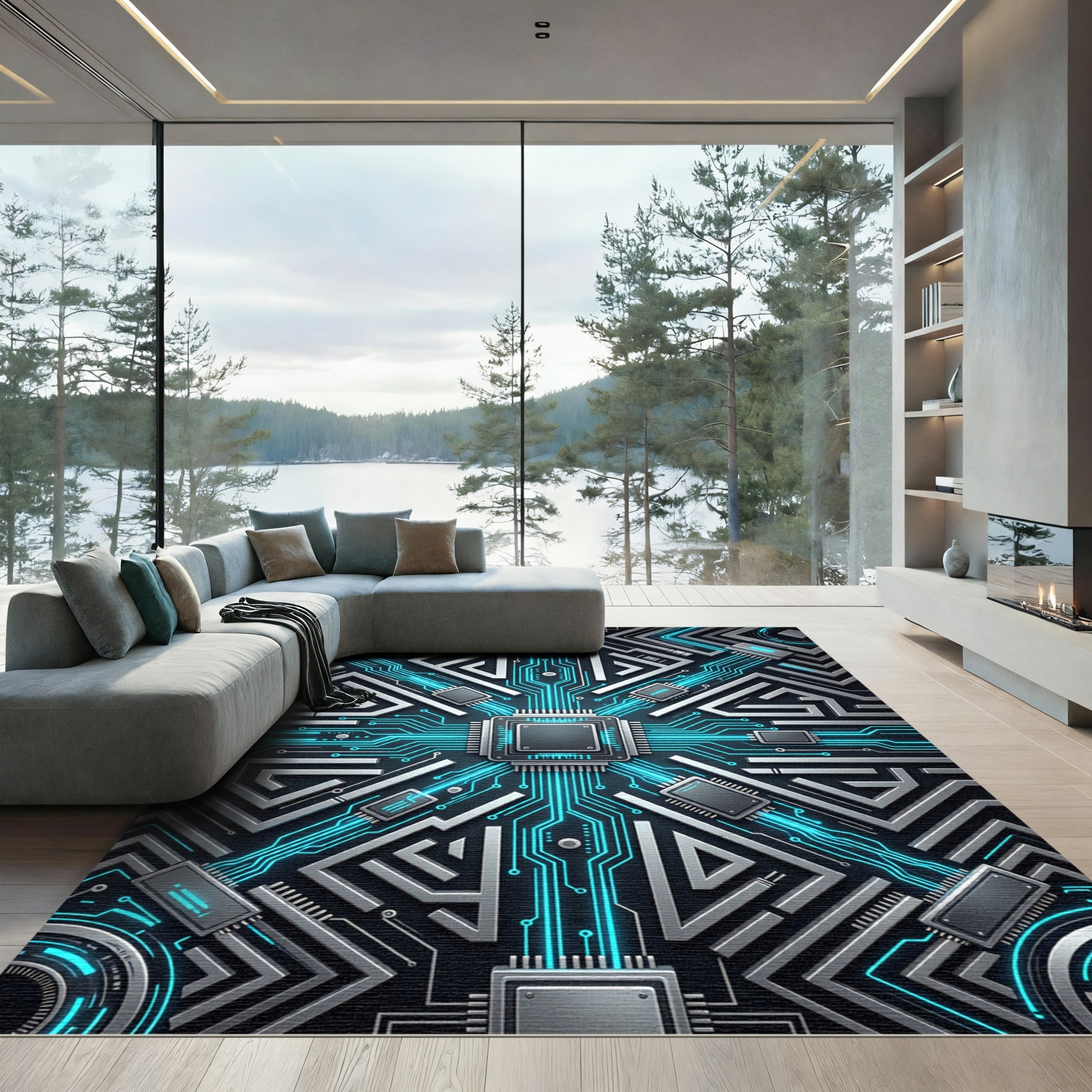 Futuristic Cybernetic Circuit Glow Tech Rug
