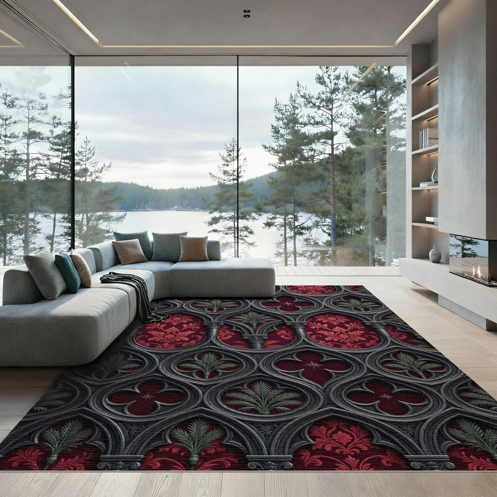 Gothic Crimson Palm Archway Rug