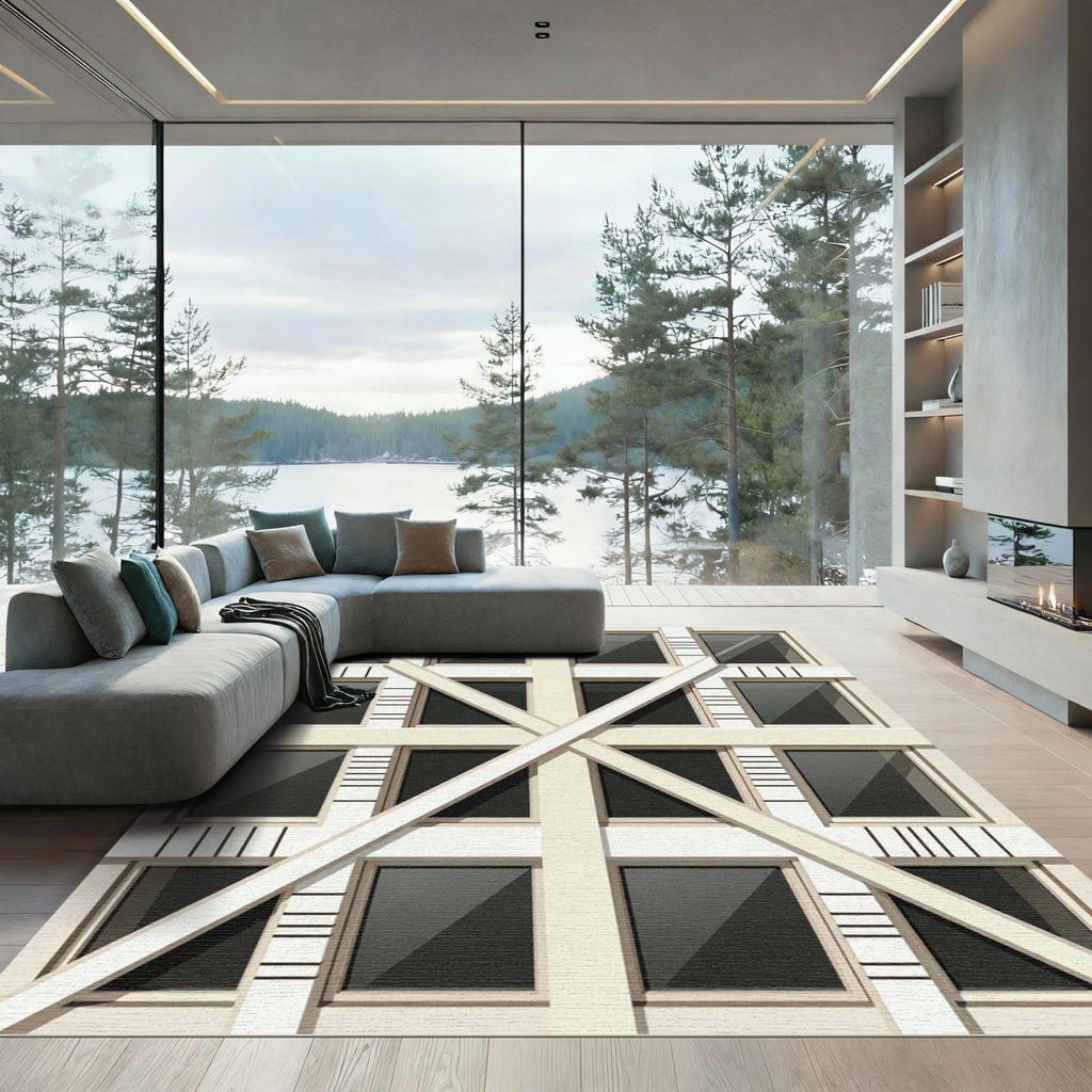 Modern Beige Geometric Grid Rug