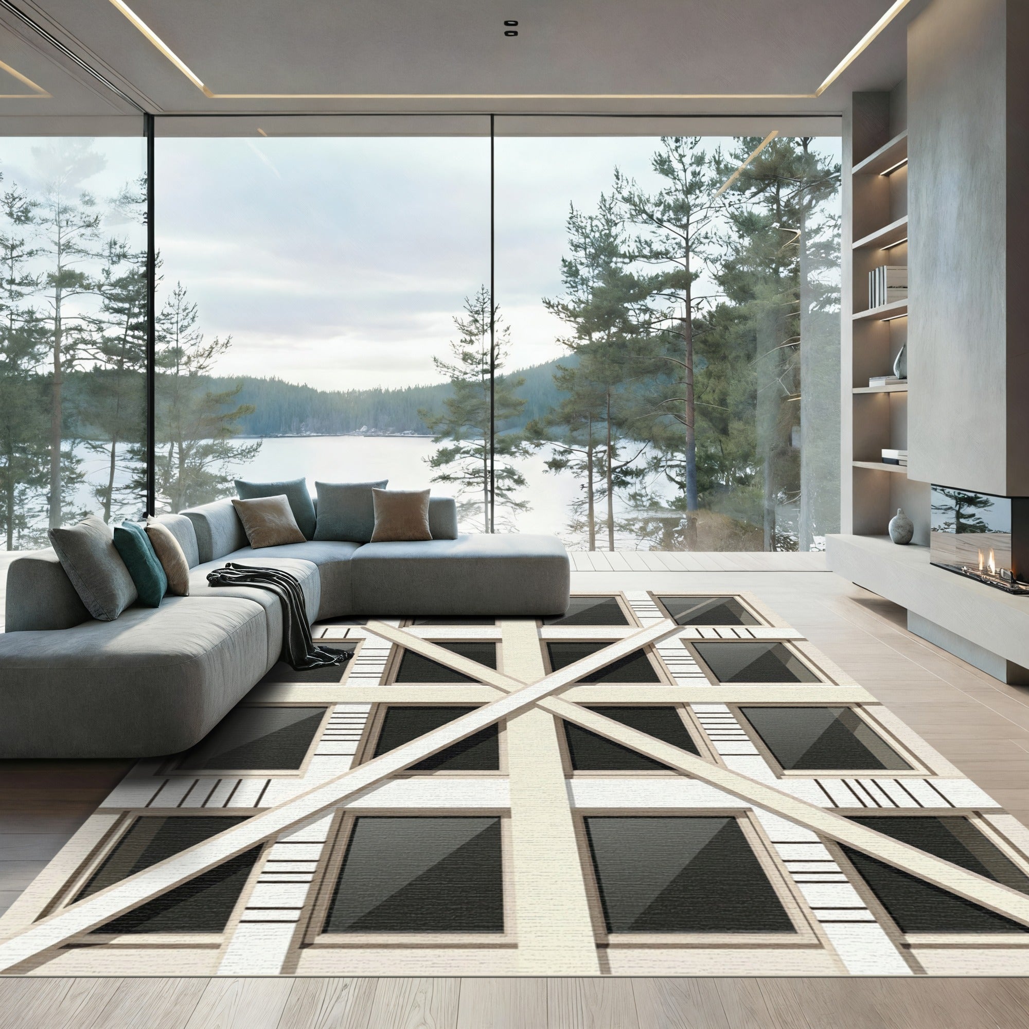Modern Beige Geometric Grid Rug