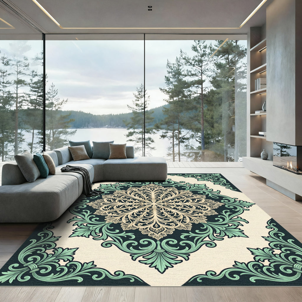 Elegant Sage Cream Ornate Victorian Medallion Rug