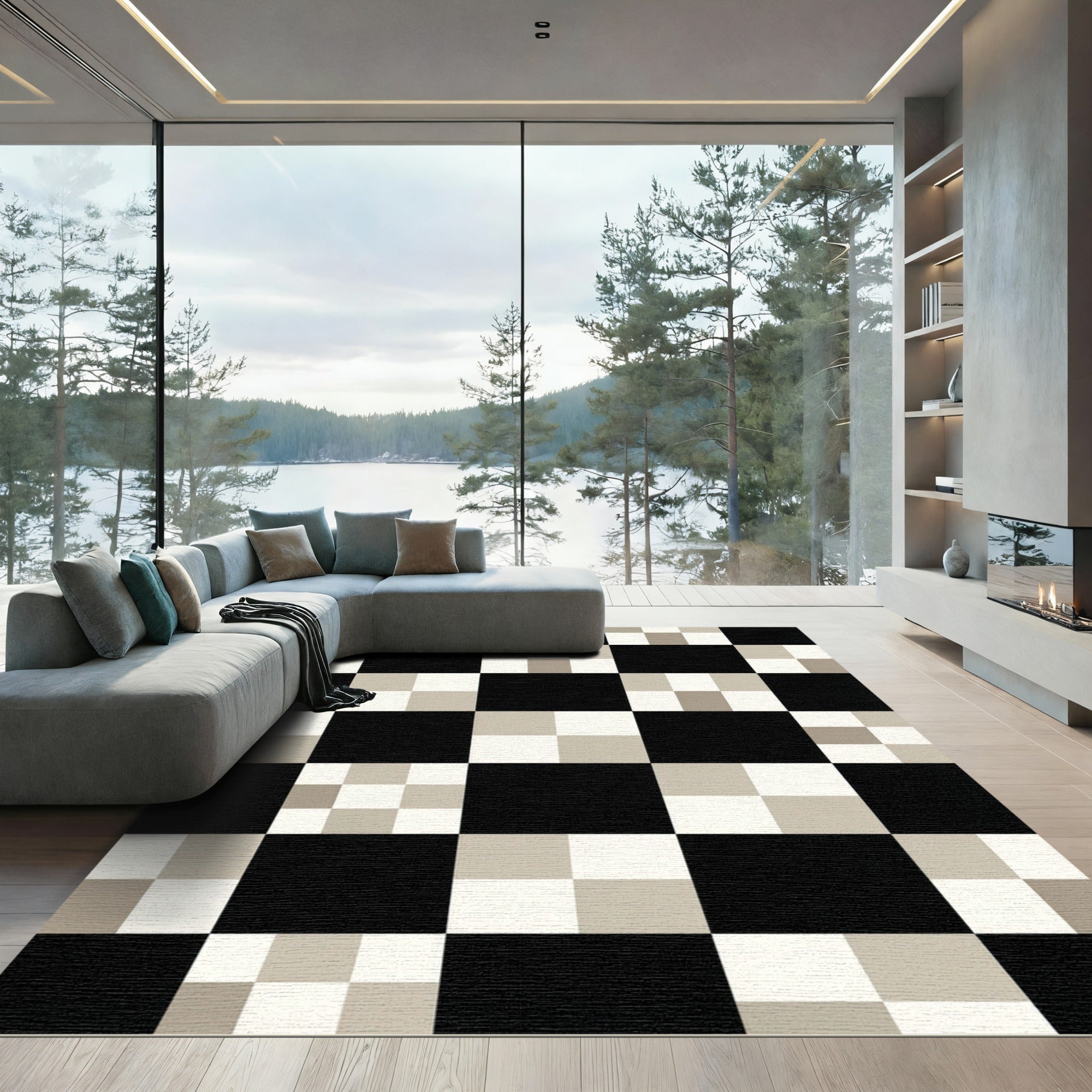 Monochrome Checkered Grid Square Area Rug
