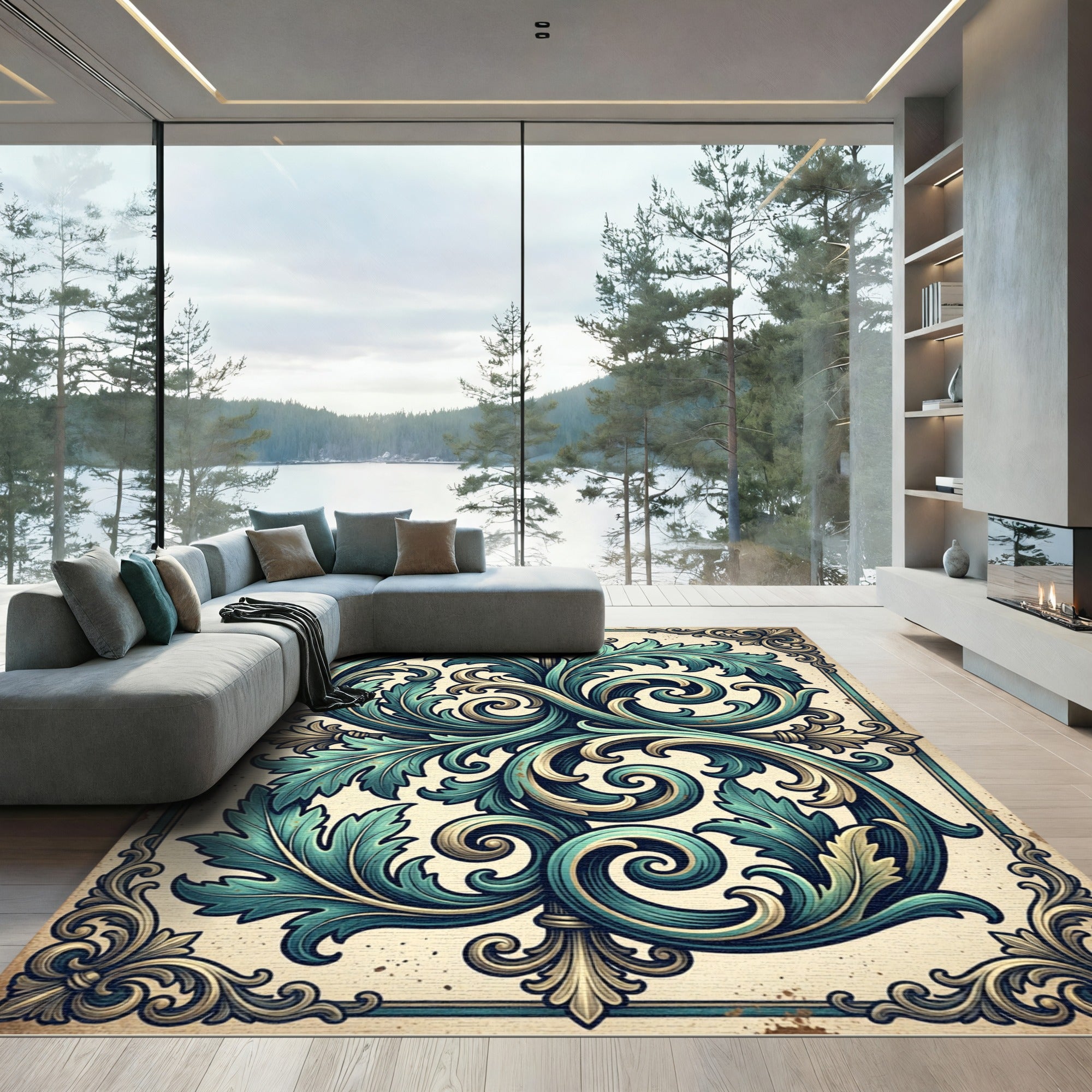Ornate Teal Acanthus Scroll Damask Rug