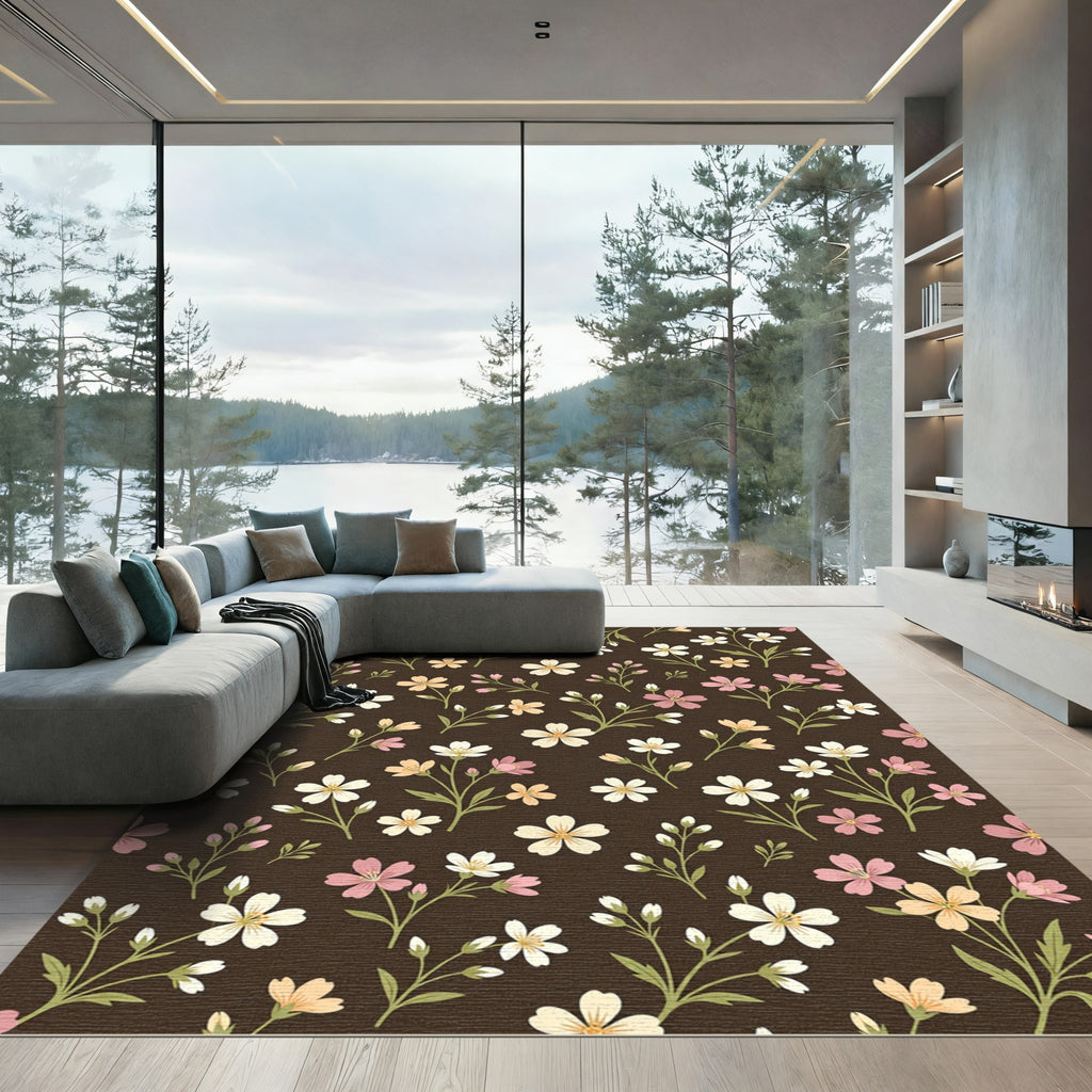 Brown Floral Garden Blossom Arrangement Rug