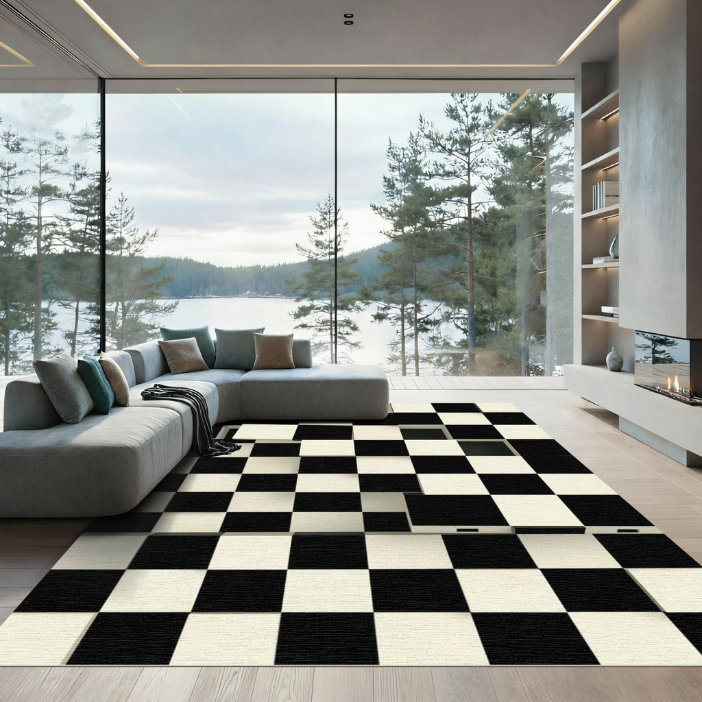 Monochrome Abstract Three Dimensional Checkerboard Rug