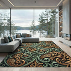 Ornate Teal Gold Swirl Filigree Rug