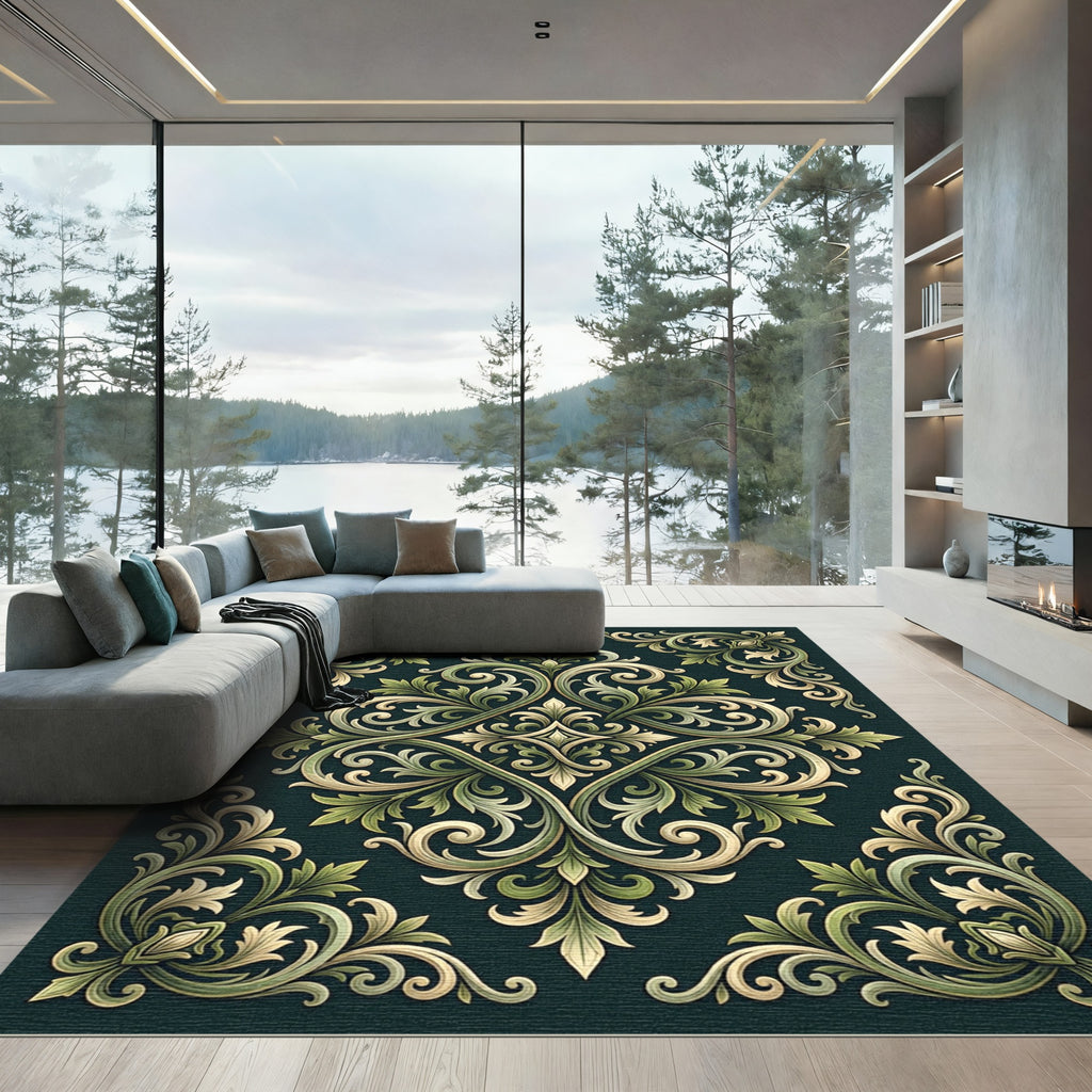 Sage Green Baroque Damask Scroll Rug