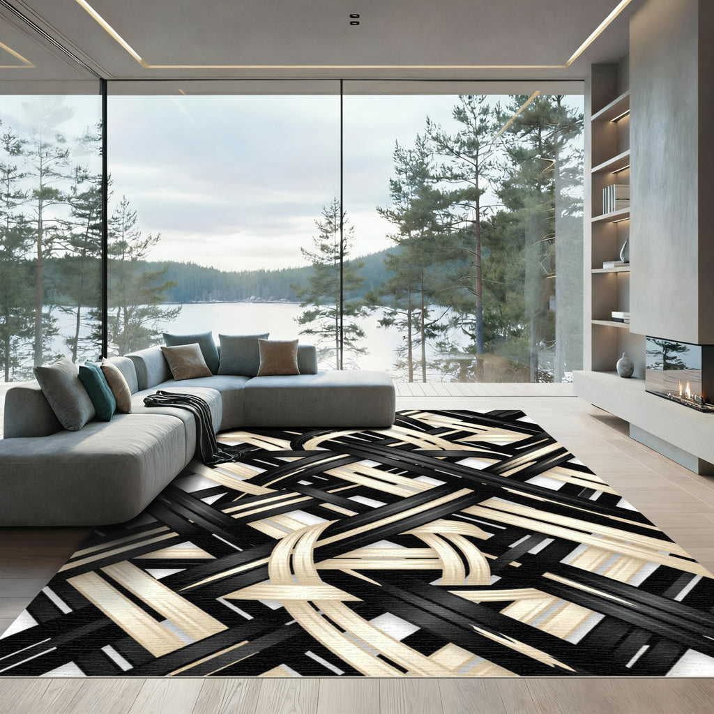 Monochrome Interwoven Black and Cream Ribbon Rug