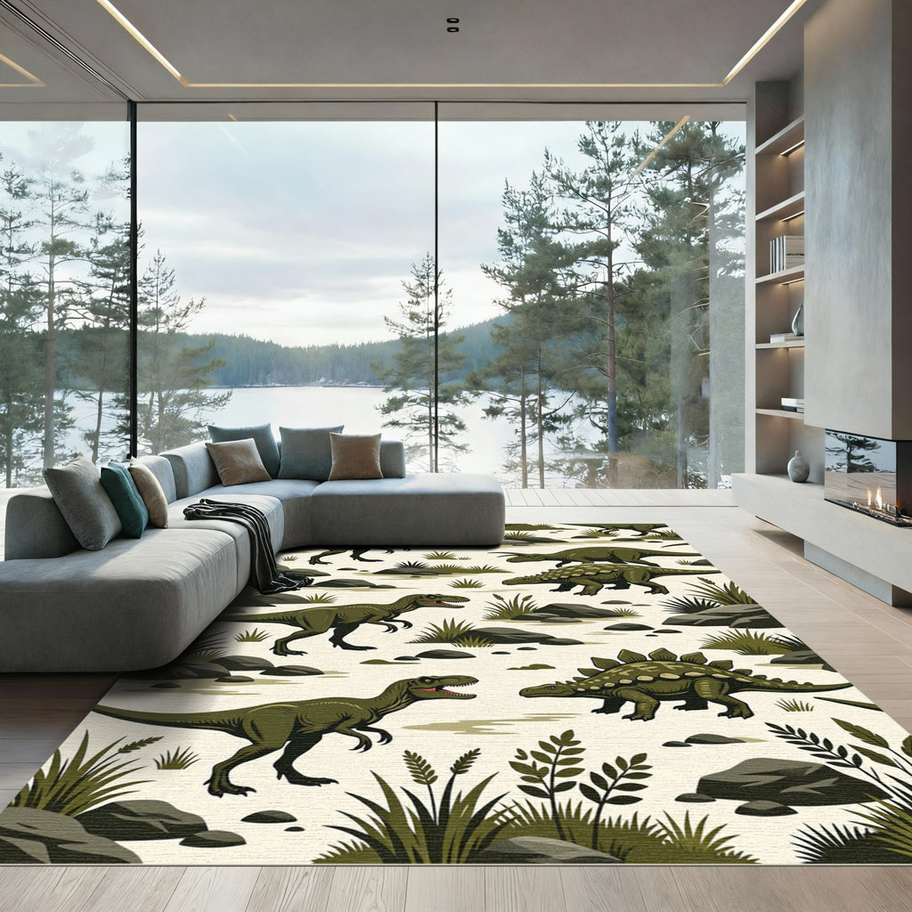 Green Prehistoric Dinosaur Wilderness Illustration Rug