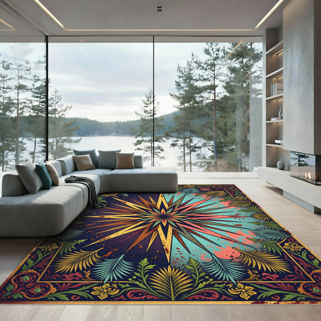 Celestial Golden Starburst Teal Foliage Rug