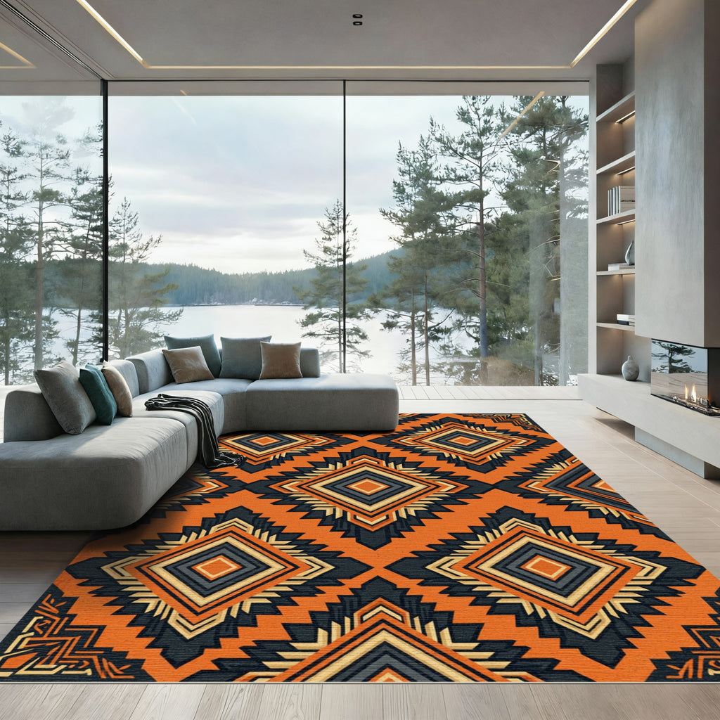 Bold Burnt Orange Geometric Diamond Art Rug