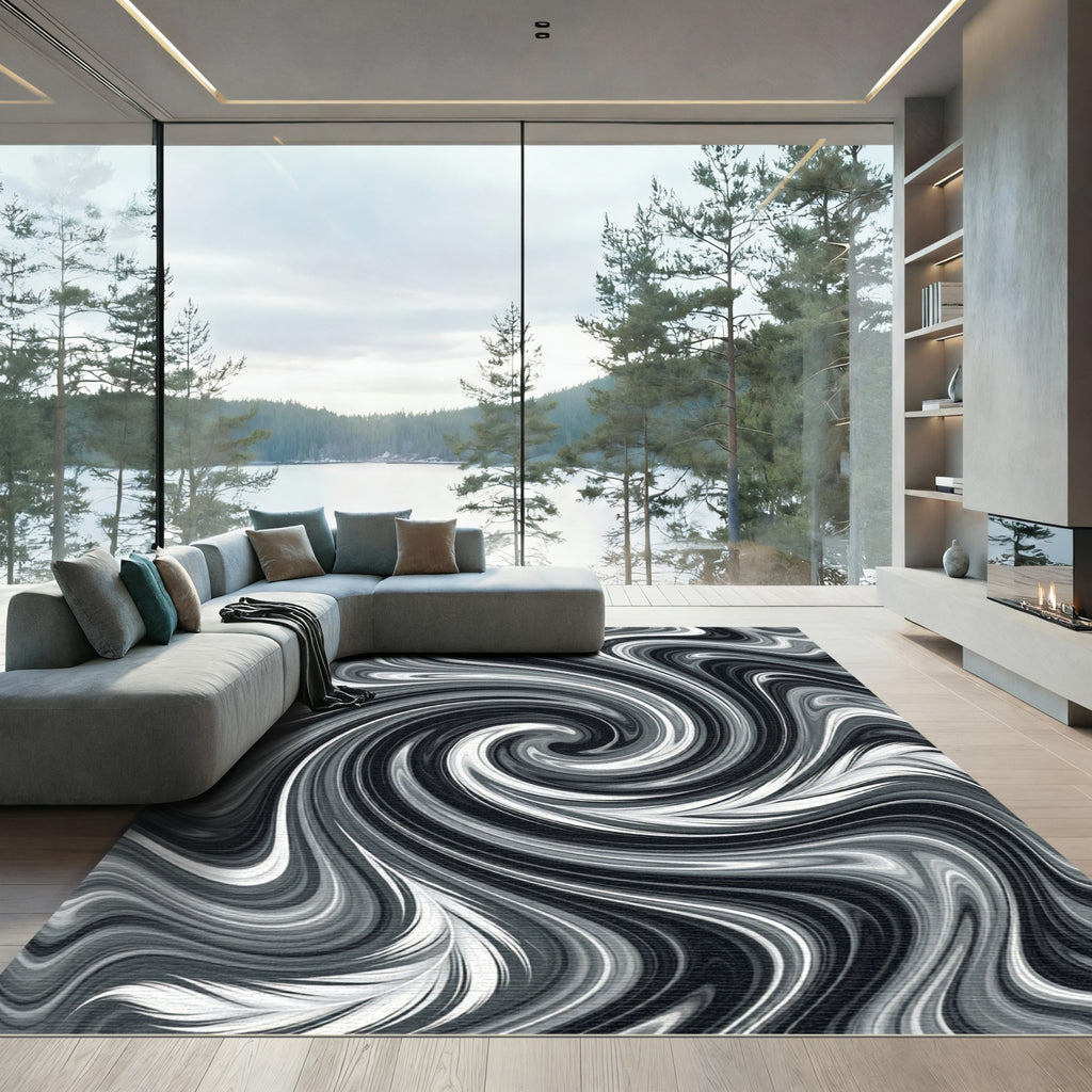 Monochromatic Swirl Abstract Art Rug