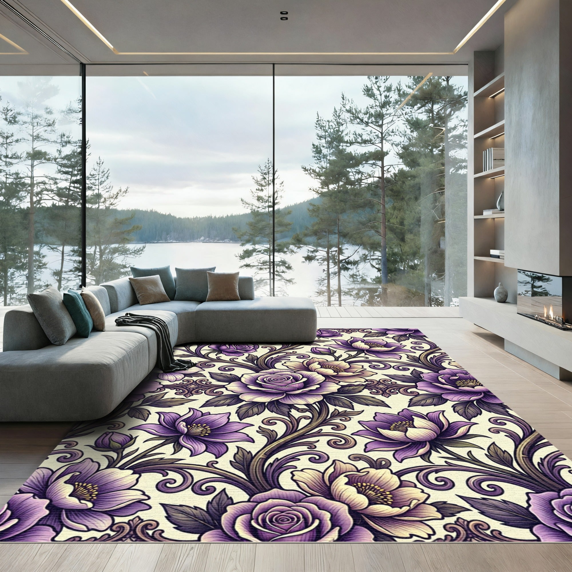Ornate Amethyst Floral Scrollwork Rug