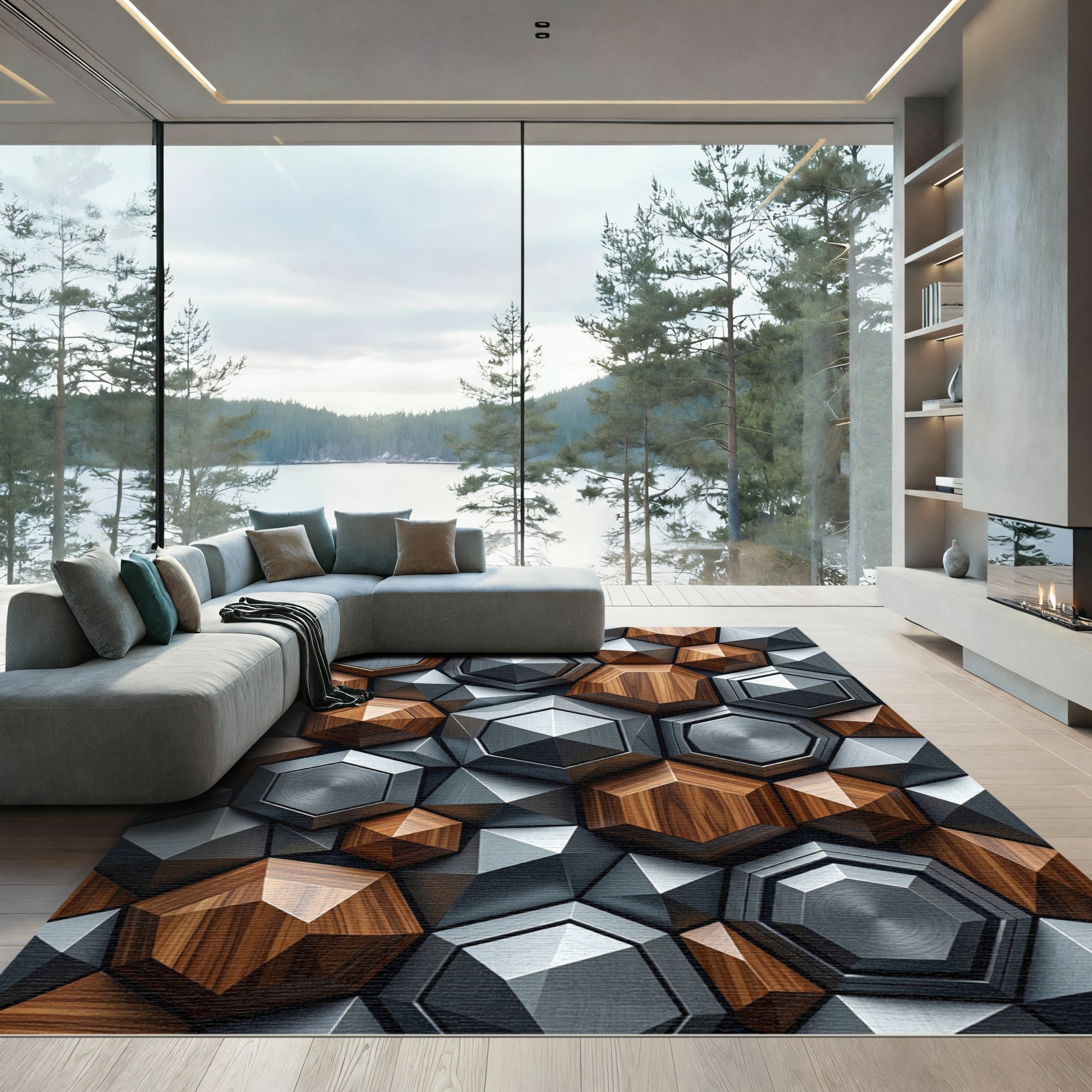 Metallic Wood Geometric Hexagon Mosaic Rug