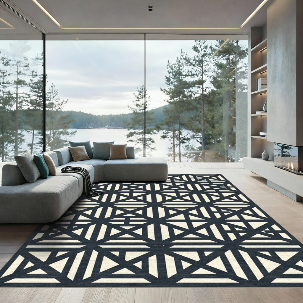 Modern Navy Cream Geometric Linear Tile Rug