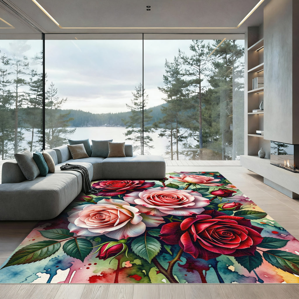 Rich Crimson Blush Rose Watercolor Swirl Rug