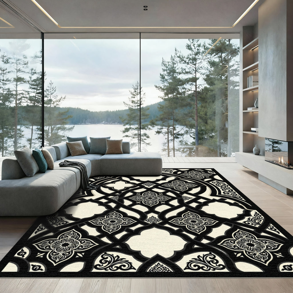 Elegant Monochrome Ornamental Filigree Medallion Rug
