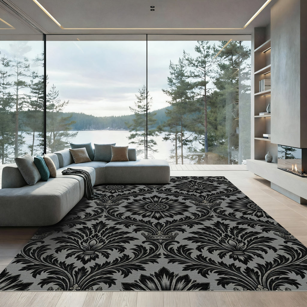 Regal Black Damask Crown Ornament Rug