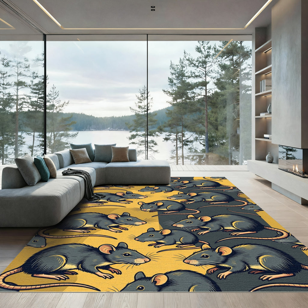 Whimsical Black and Gold Mouse Illustration Rug