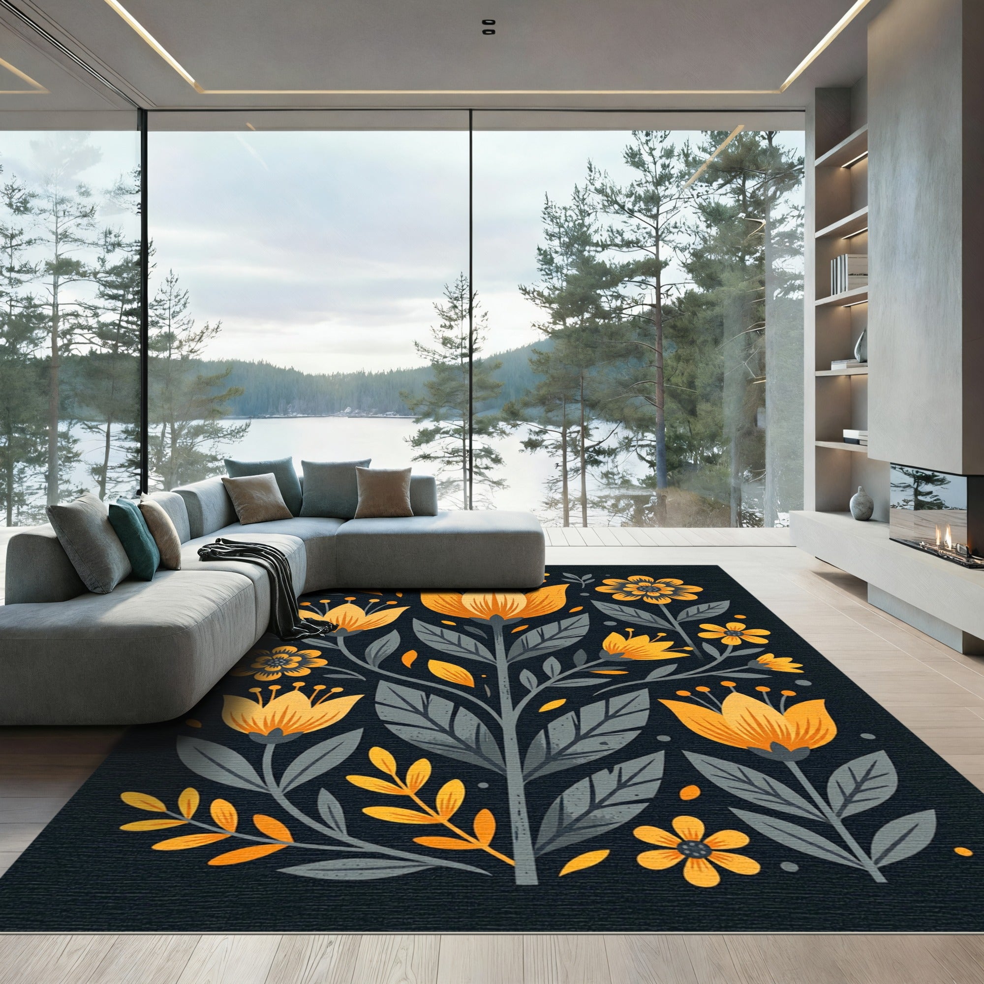 Modern Golden Floral Botanical Illustration Rug
