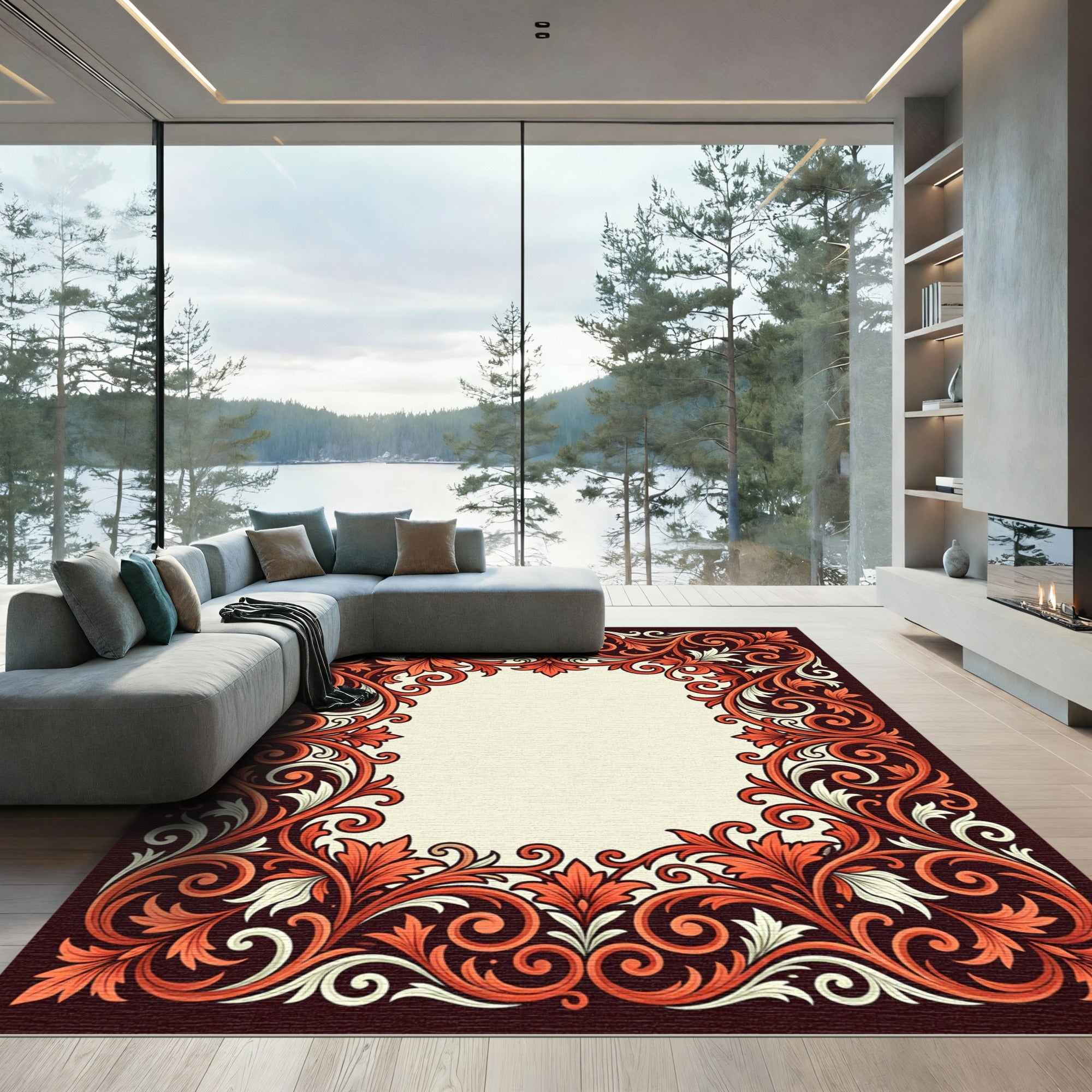 Elegant Burnt Orange Filigree Scroll Frame Rug