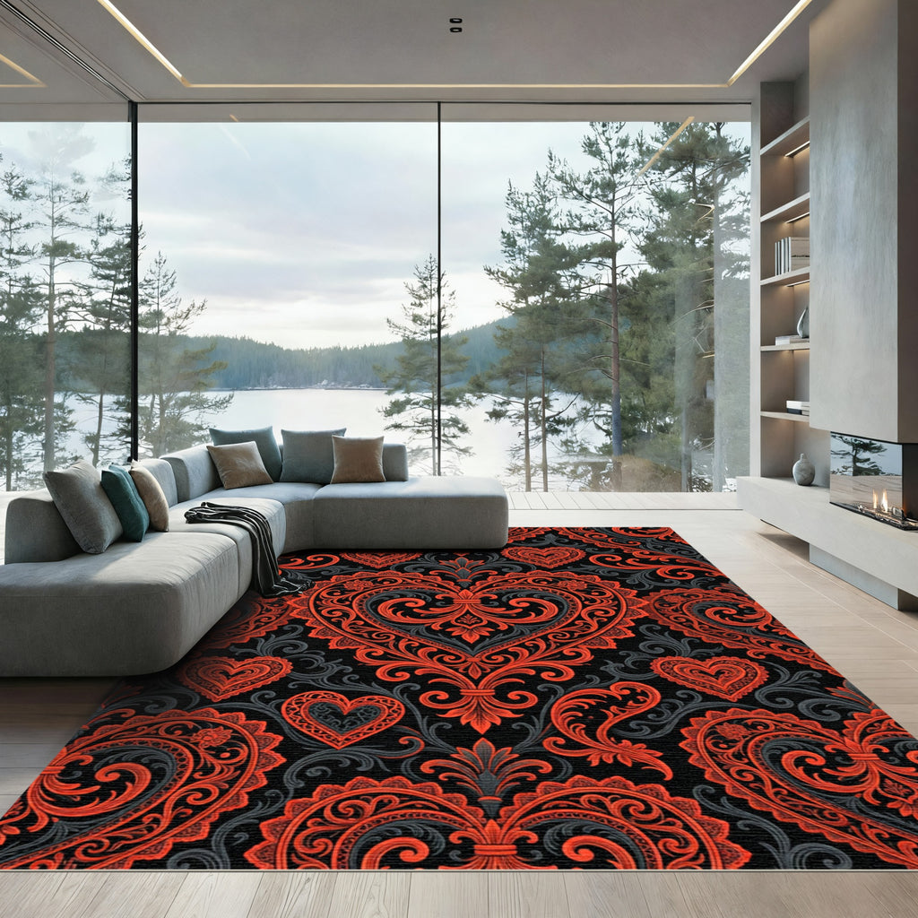 Crimson Black Heart Damask Jacquard Rug