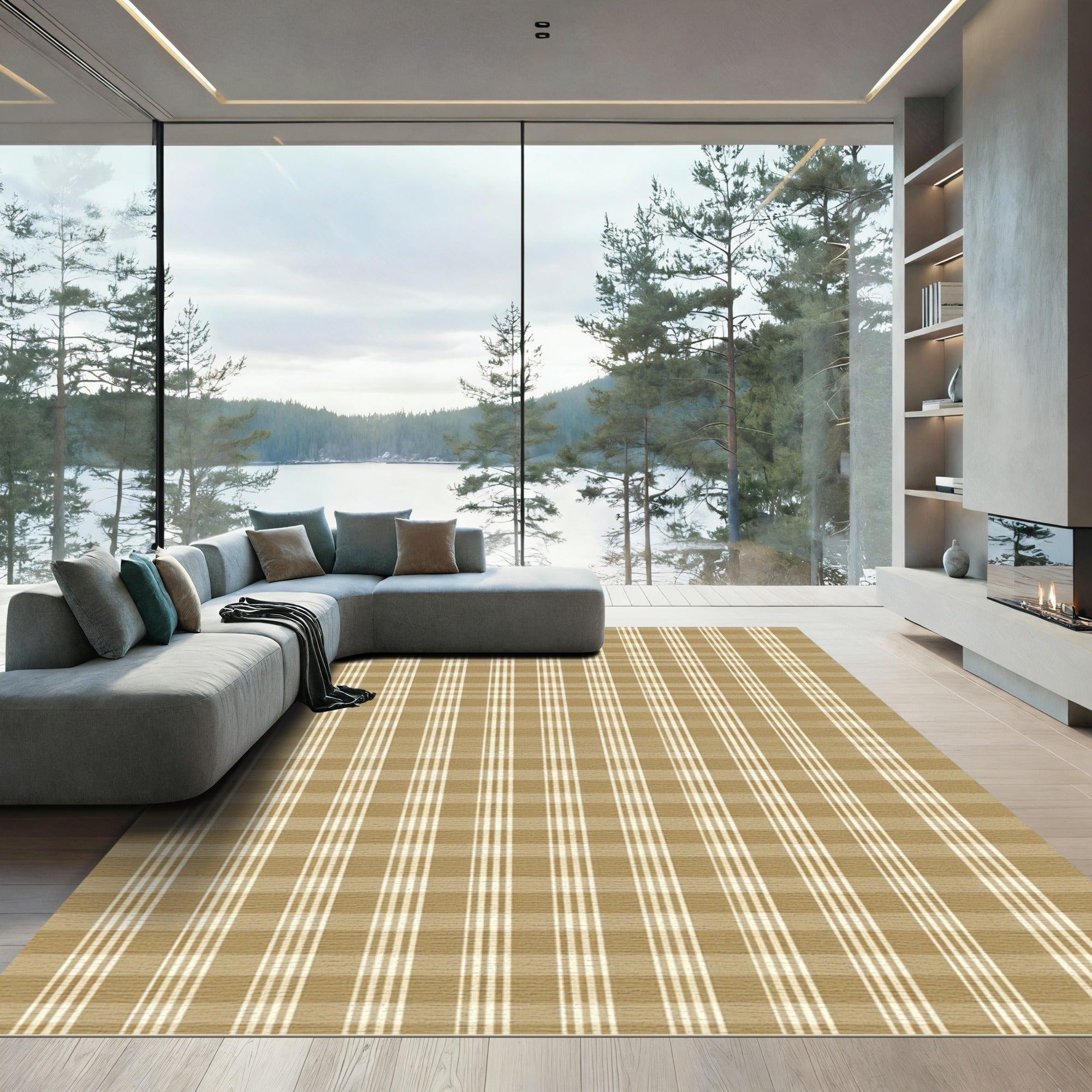Classic Beige Plaid Grid Rug