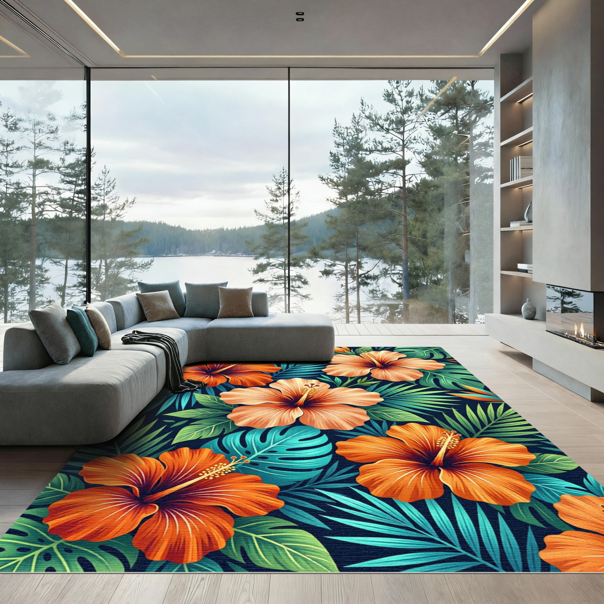 Vibrant Radiant Orange Tropical Hibiscus Rug