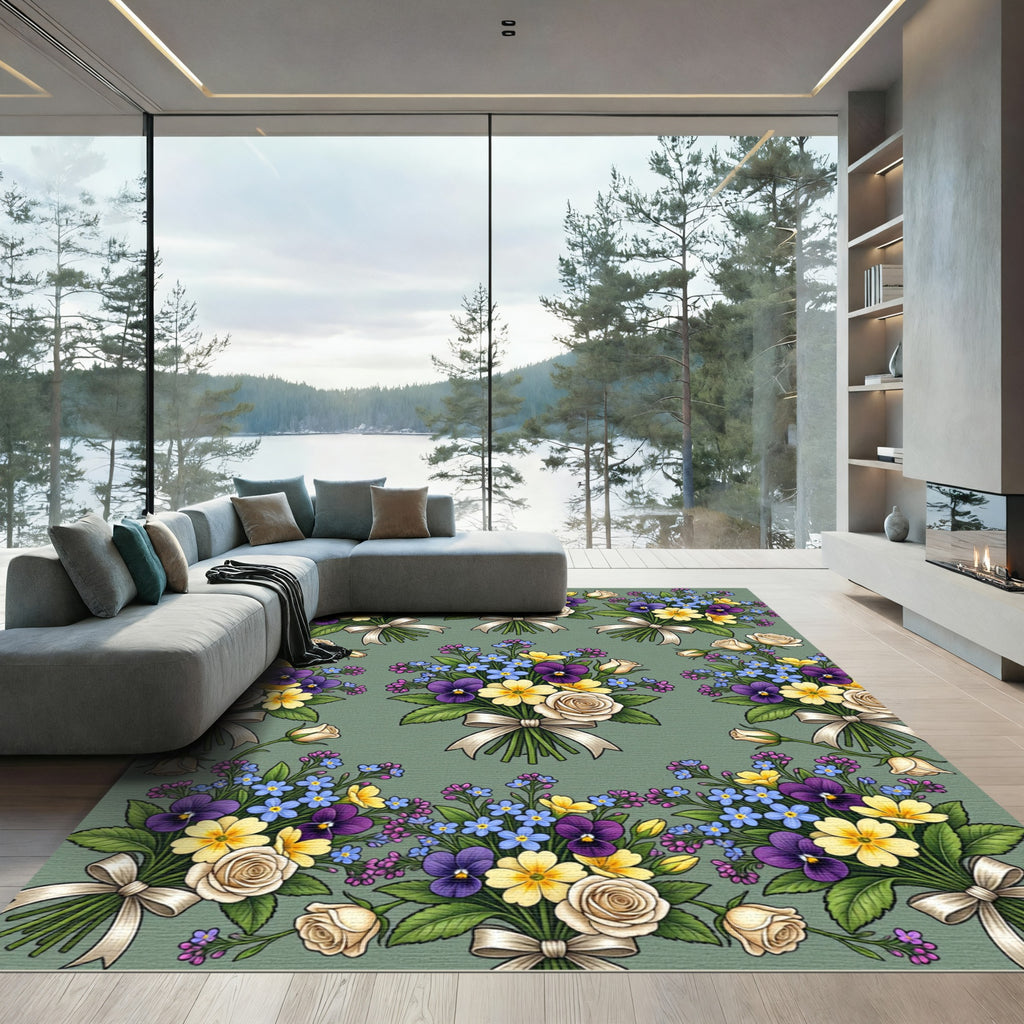 Elegant Sage Floral Bouquet Victorian Rug