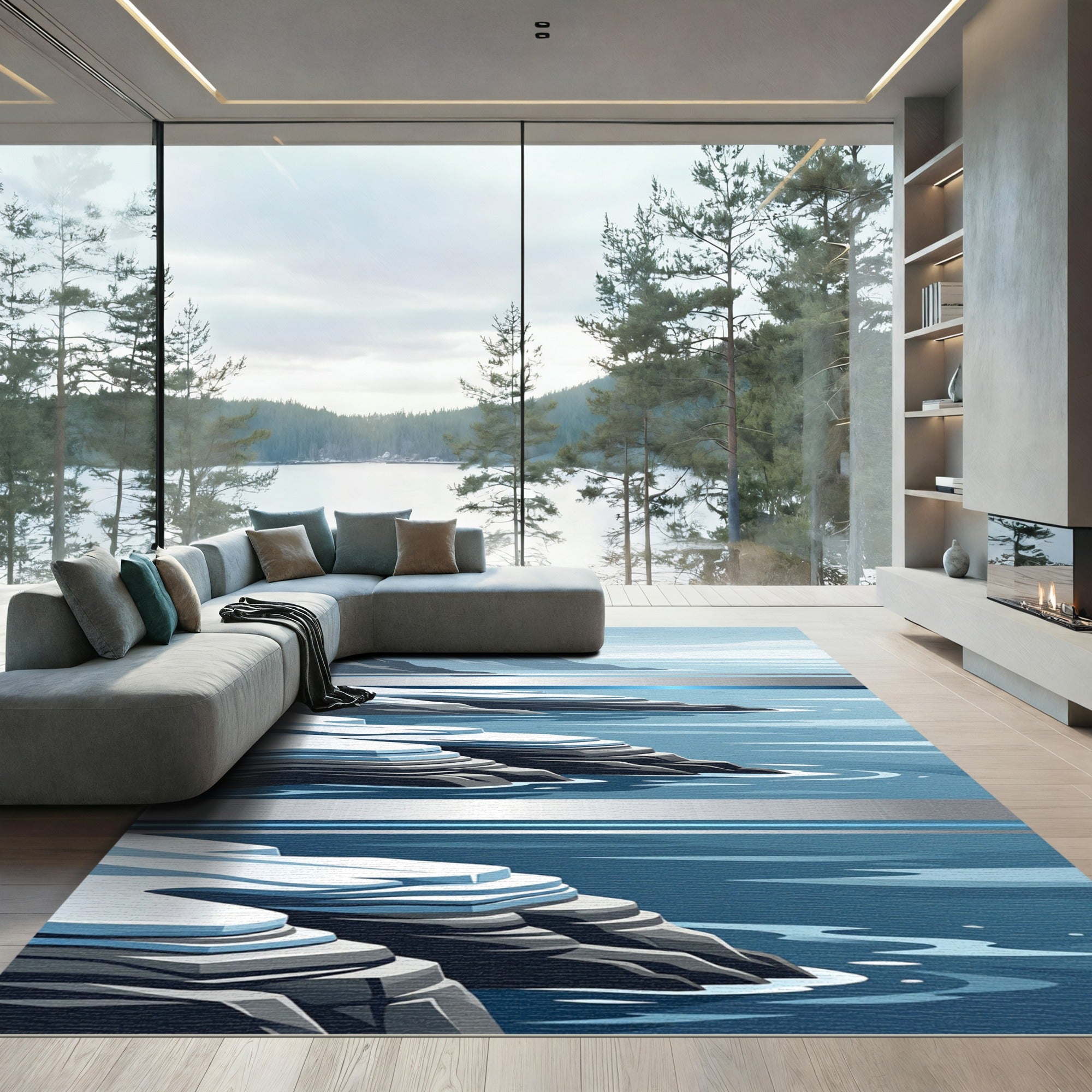 Serene Arctic Coast Blue Layered Landscape Rug