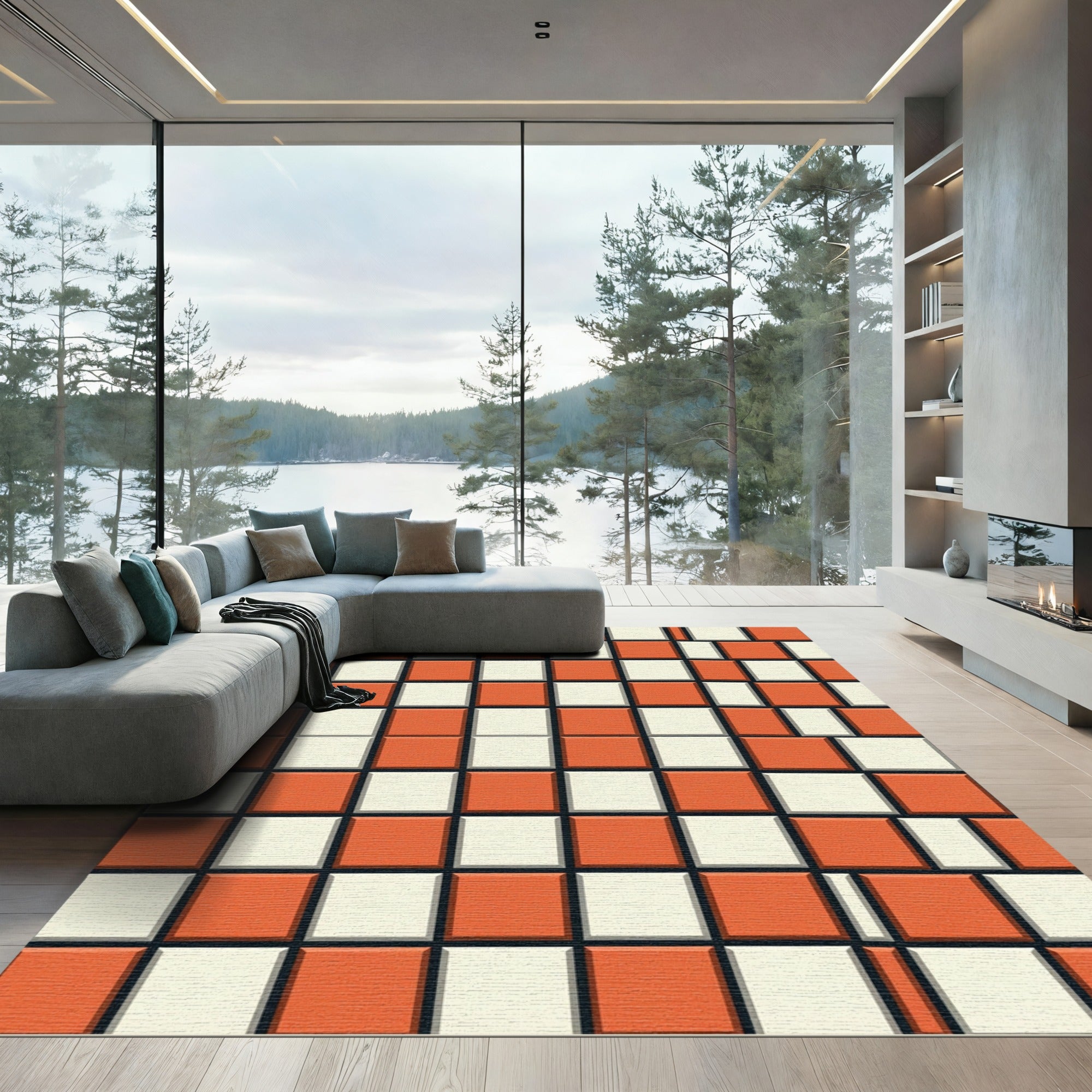 Retro Orange White Checkered Squares Rug
