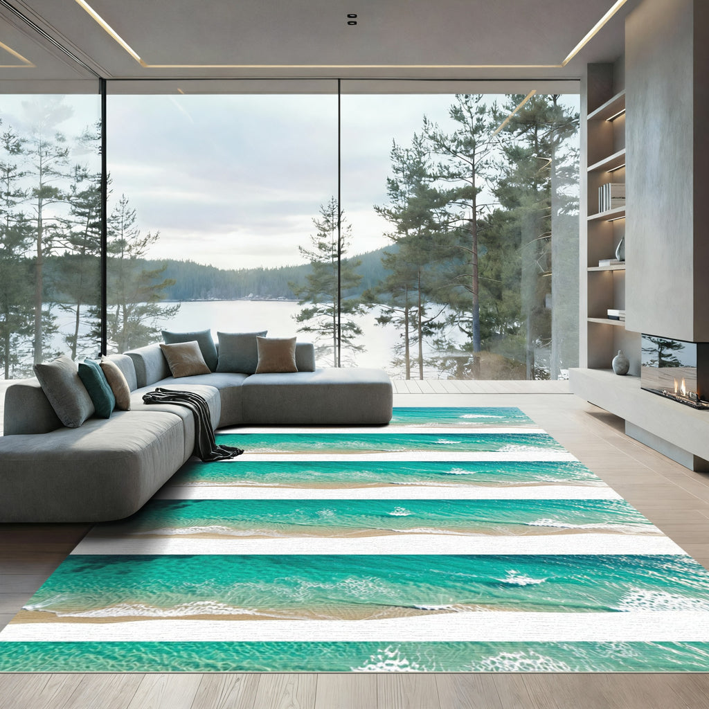 Turquoise Ocean Waves Beach Scene Rug