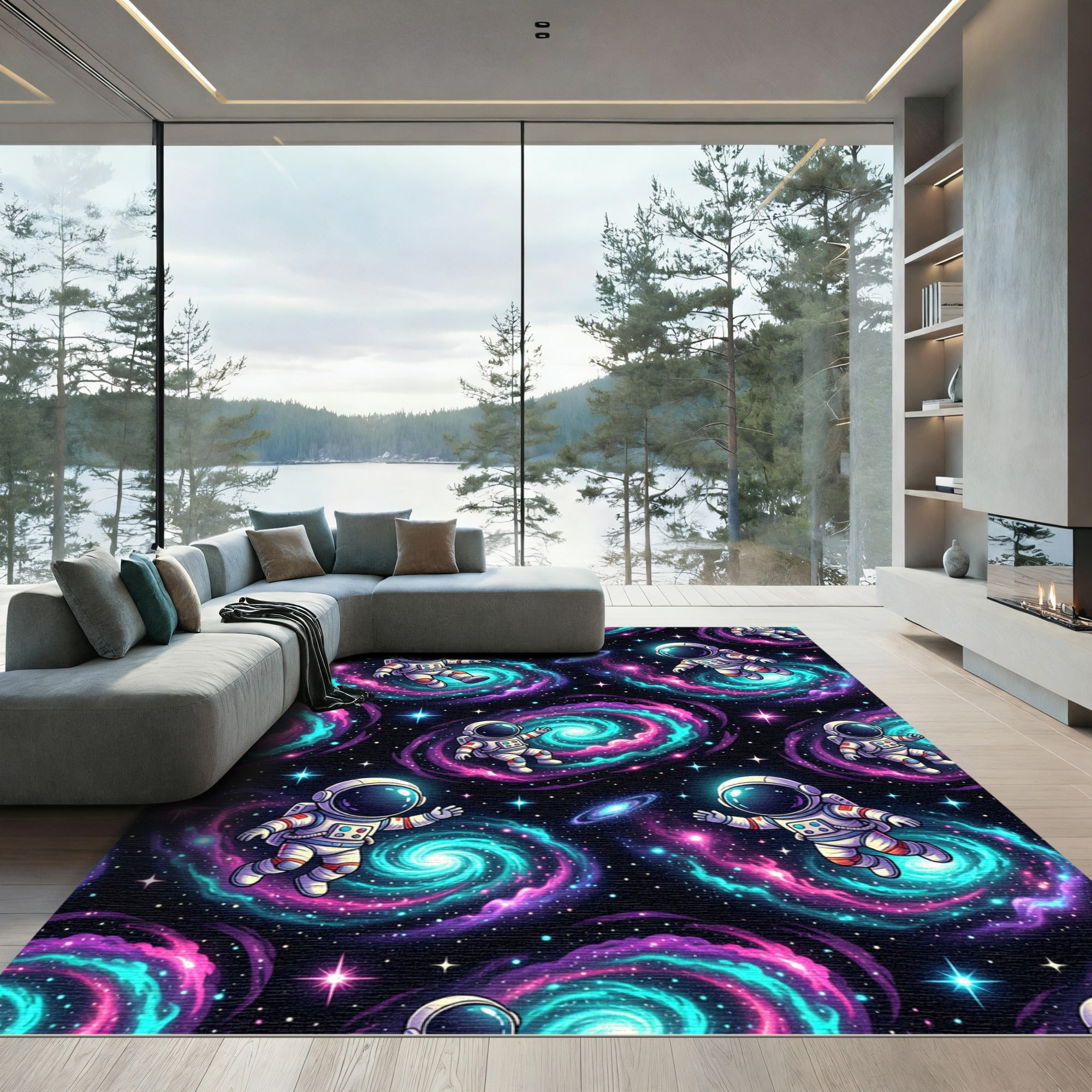 Vibrant Neon Astronaut Galactic Nebula Rug