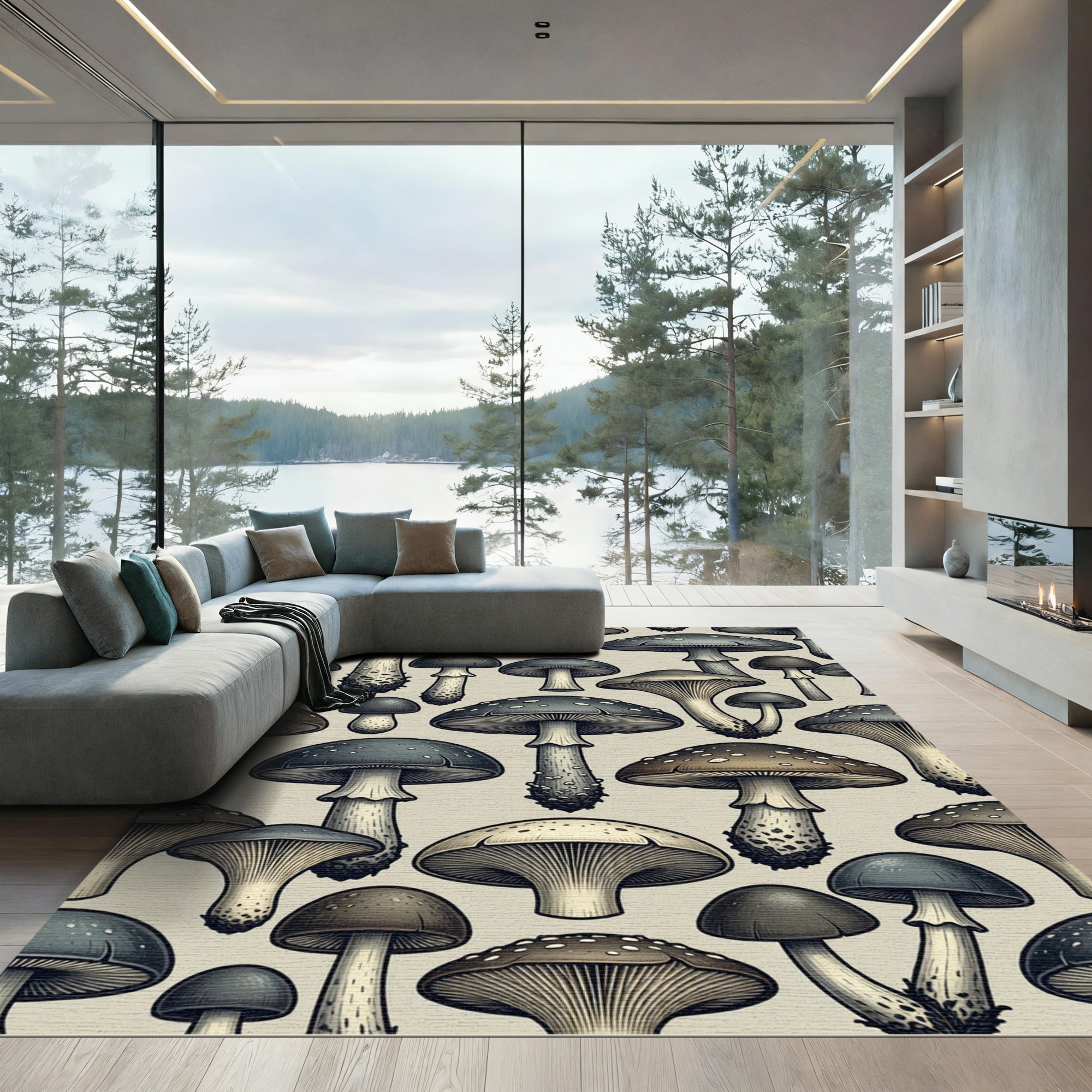Mystical Mushroom Forest in Grayscale Tones Rug