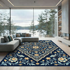 Golden Navy Fish Floral Medallion Rug