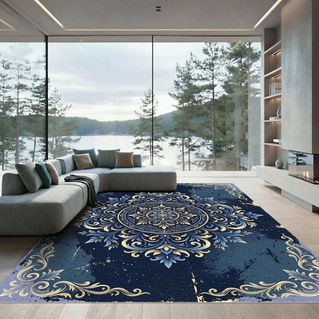 Ornate Gold and Navy Floral Medallion Rug