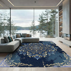 Ornate Gold and Navy Floral Medallion Rug