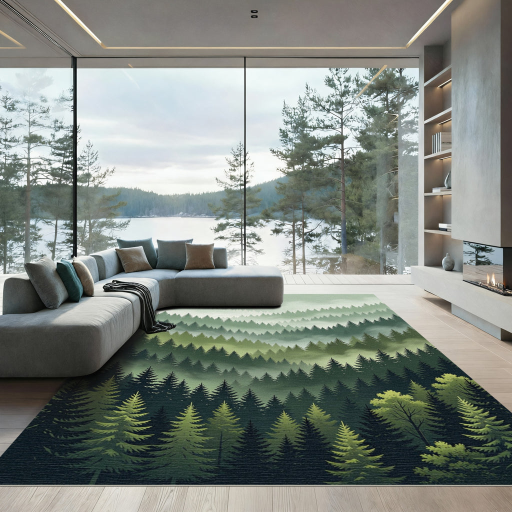 Misty Evergreen Forest Scene Rug