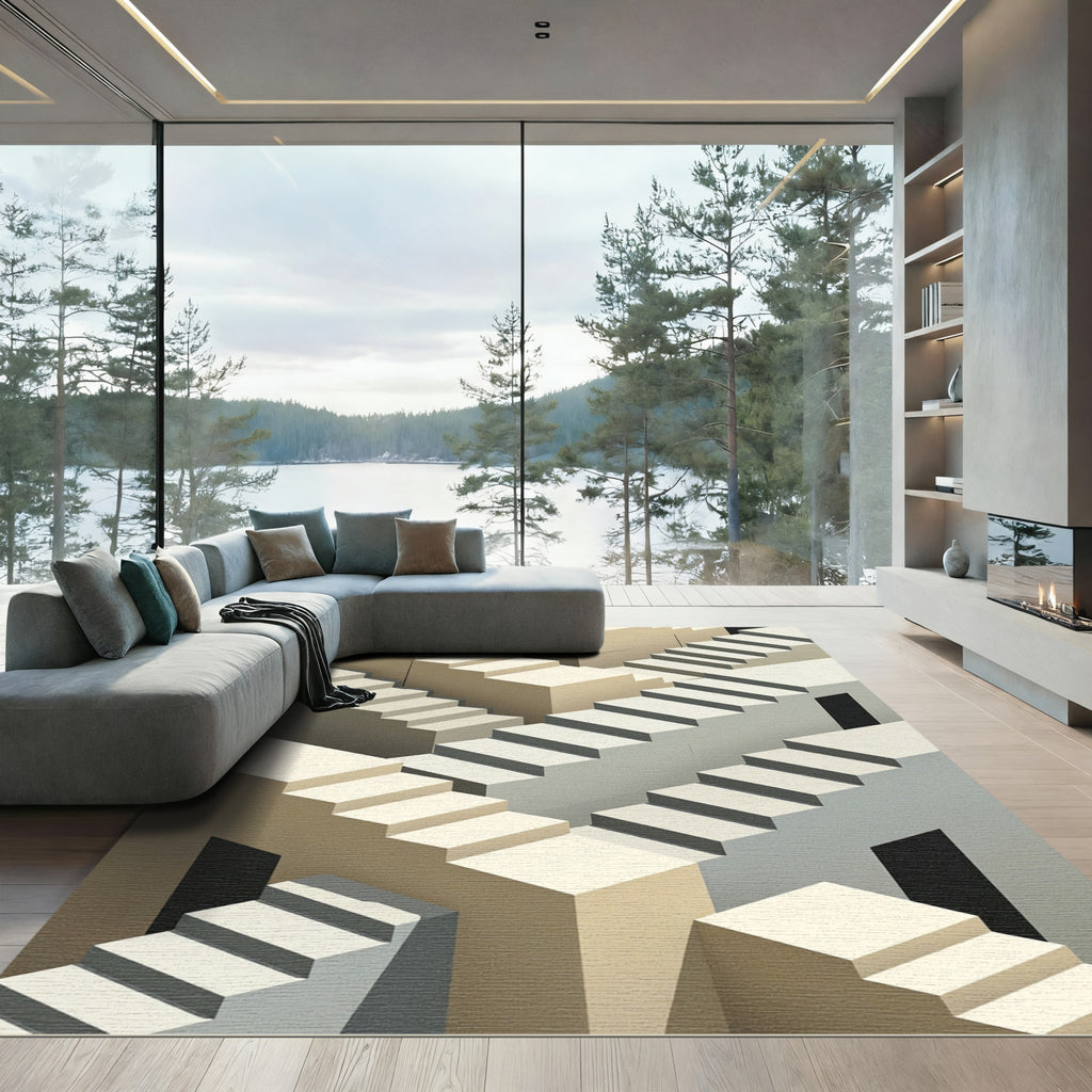 Isometric Staircase Beige Geometric Abstraction Rug